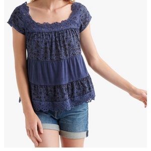 Lucky Brand Cotton Printed Crochet-Trim Top